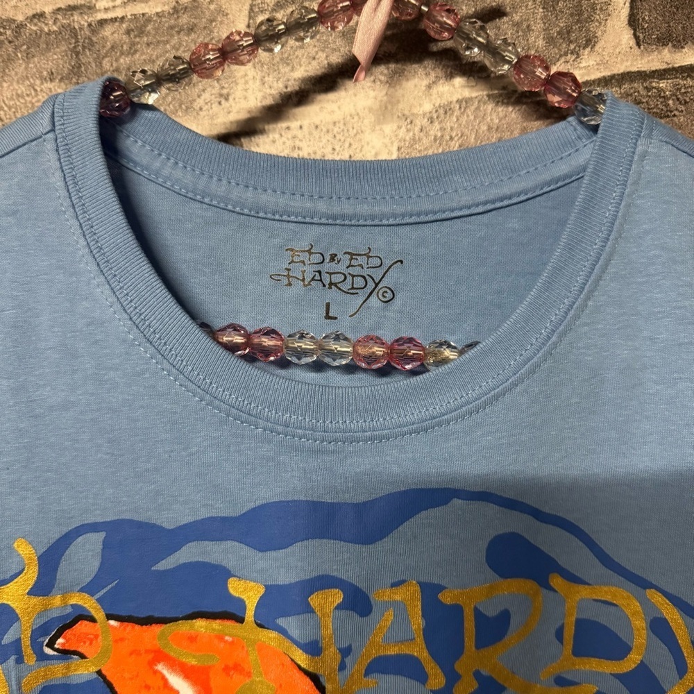 NWT Ed Hardy Skull Pirate Graphic T-shirt powder blue - Picture 4 of 11